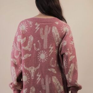 Women's western Pink Patterned Knit cardigan Sweater